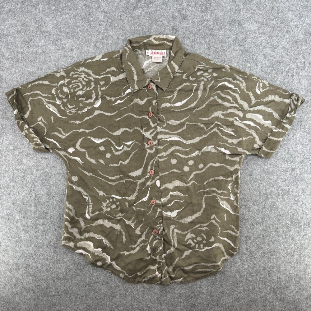 Vintage Olive Green Tiger Abstract Rafaella Button Down Shirt Womens 6 Petites